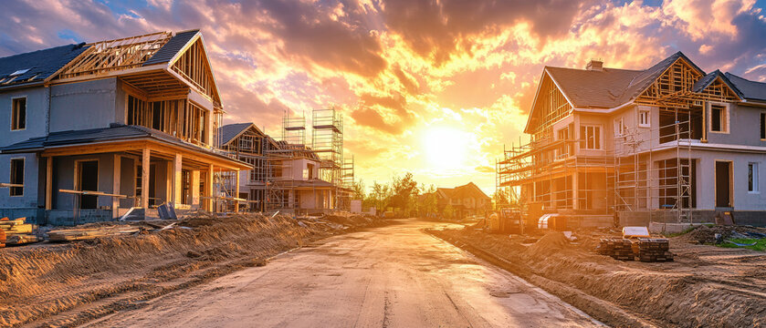 New family houses under construction at sunset with scaffolding and materials scattered around the site