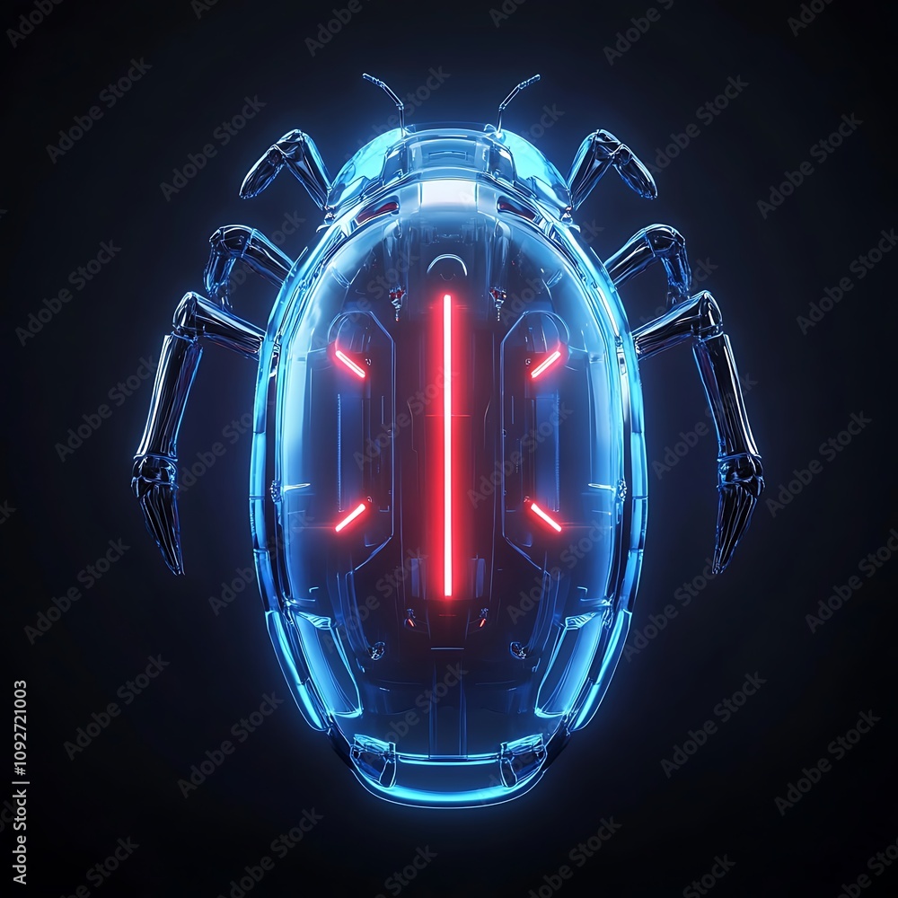 Poster futuristic concept of a robot insect with glowing elements and neon highlights on a dark background 