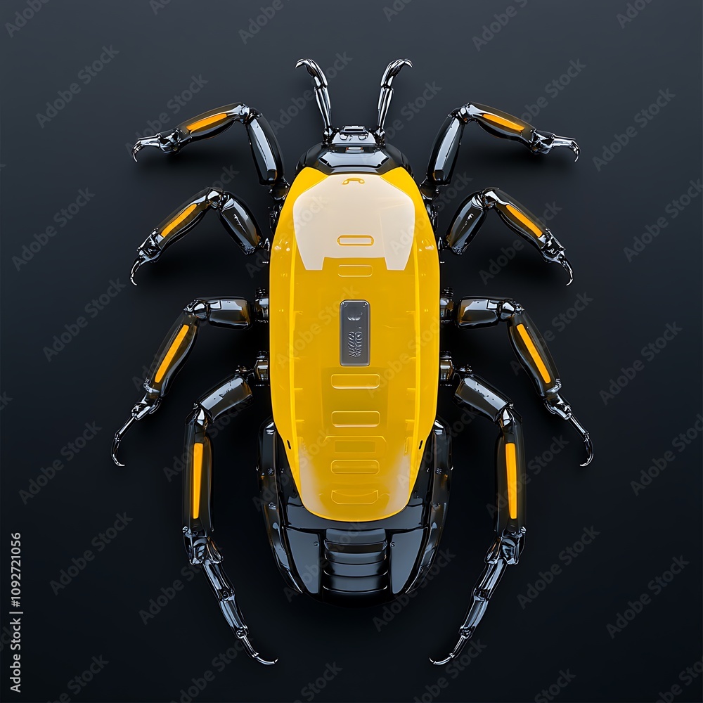 Poster futuristic concept of a mechanical beetle with sleek design and innovative features set against a da