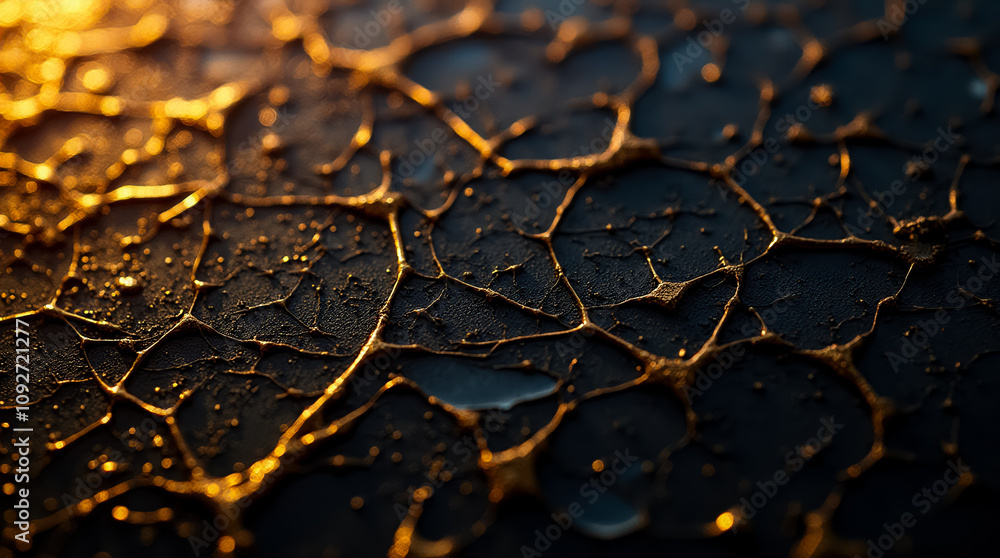 Poster close-up view of a textured surface showcasing numerous gold polygons and triangular shapes, creatin