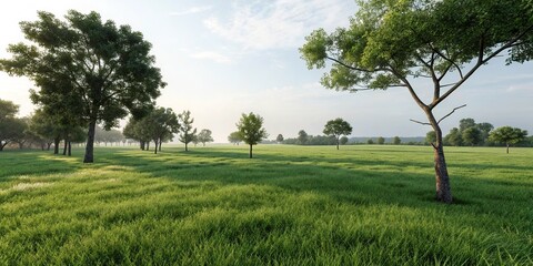 Fototapeta premium A wide open space of lush green grass with a few trees scattered around, rolling hills, natural landscape, open fields, countryside view