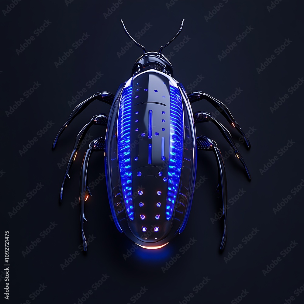 Poster futuristic cybernetic insect representation with glowing patterns and high-tech features in a dark b