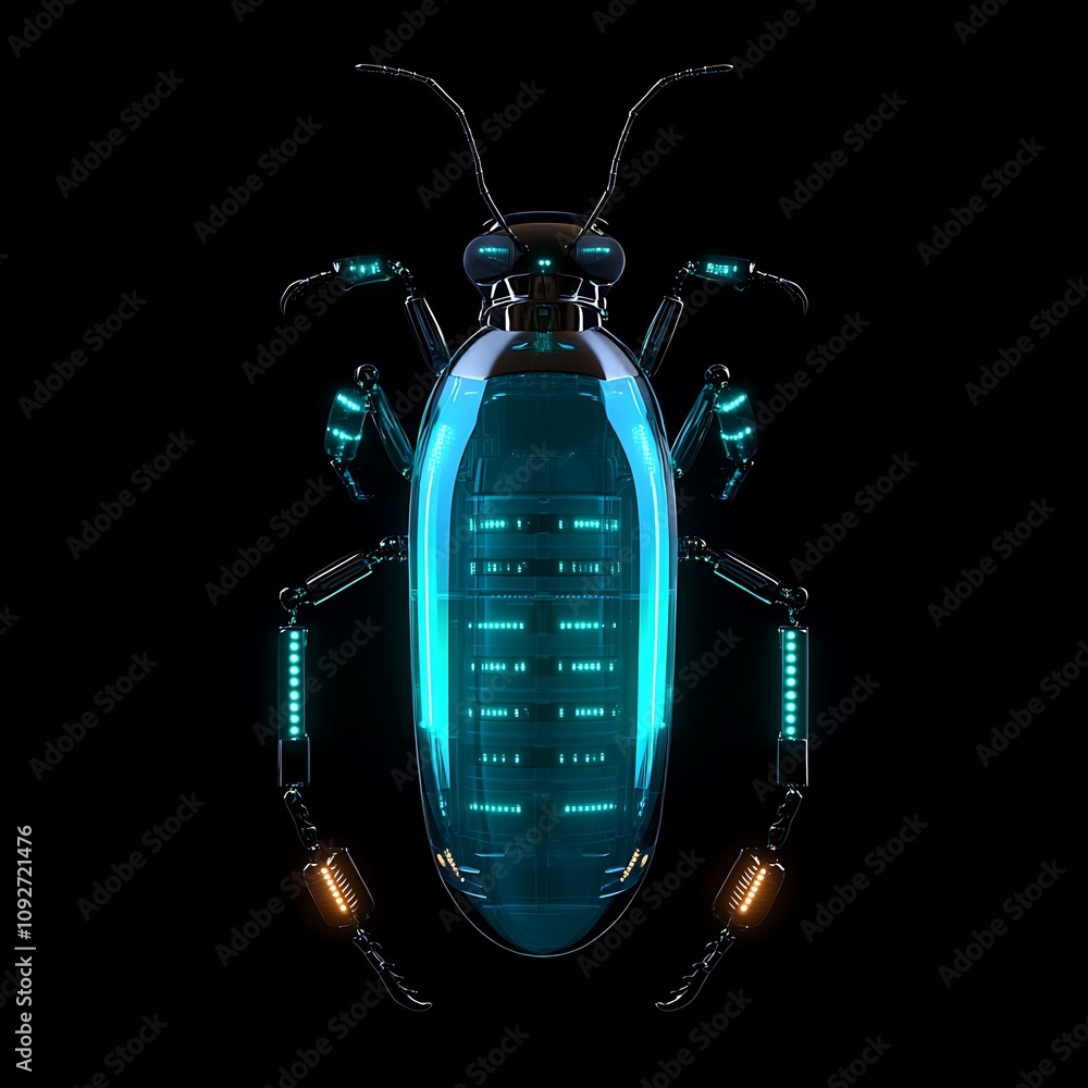 Poster futuristic cybernetic insect with glowing blue features and high-tech design showcasing advanced rob