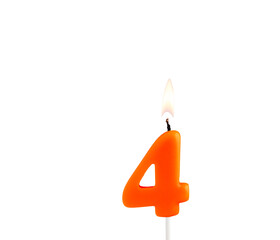 Lit birthday candle - Candle number 4 on white background.