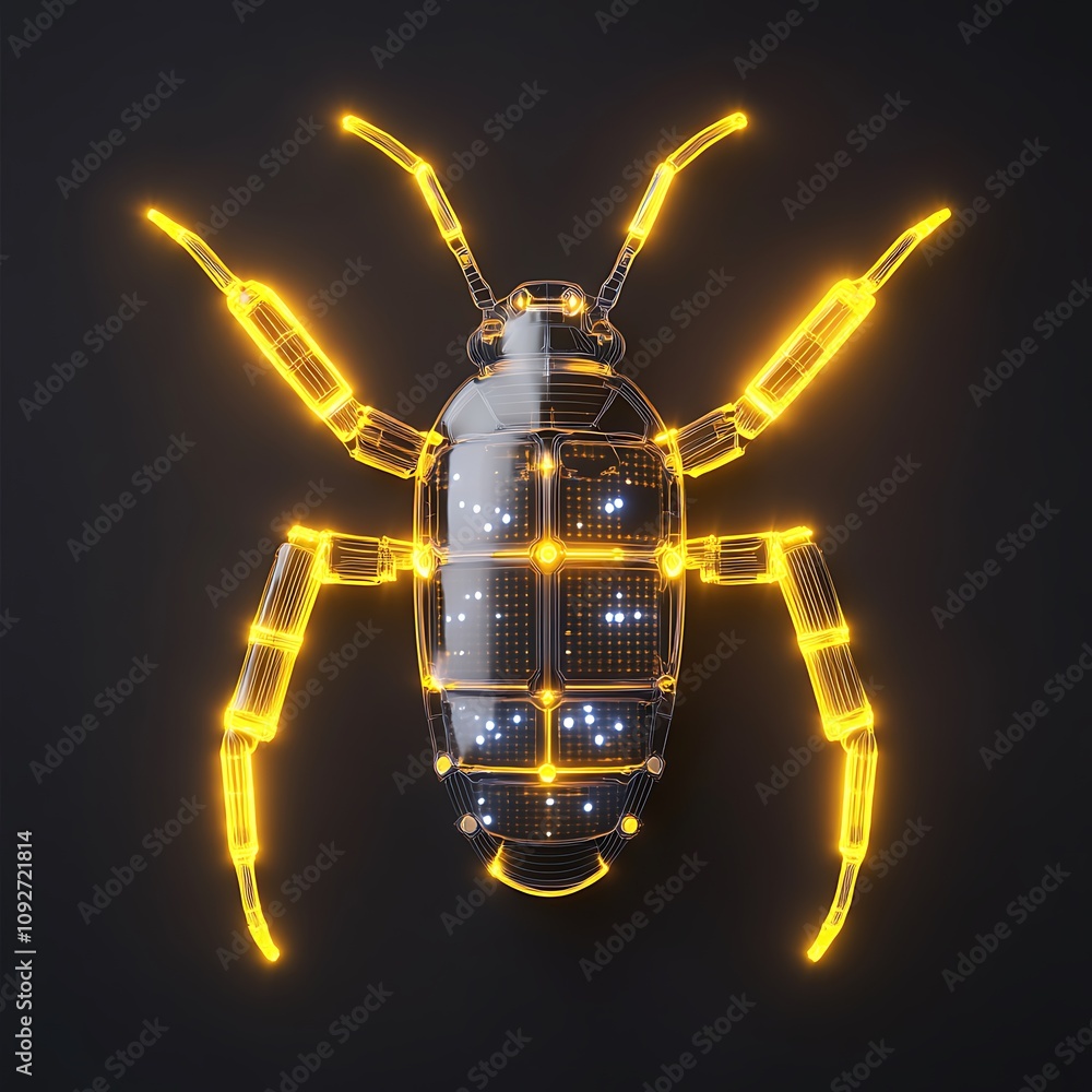 Poster futuristic digital bug representing technology and cybersecurity, illuminated with neon lights again