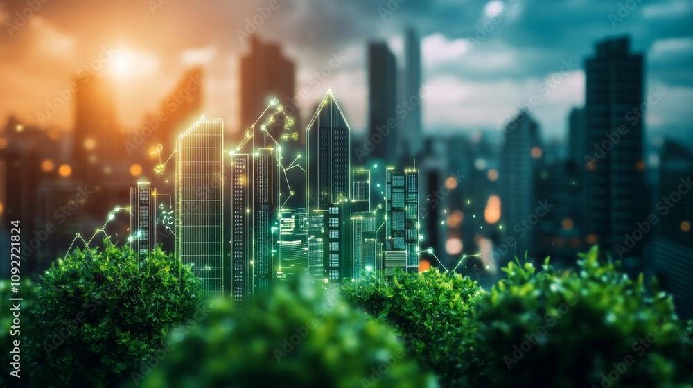 Poster sustainable business network powered by glowing circuit board in minimalist style with eco-friendly 