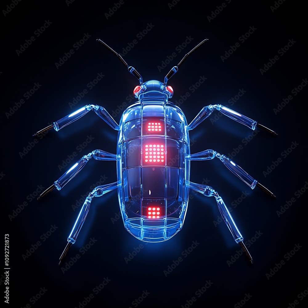 Poster futuristic digital illustration of a transparent robotic insect with glowing features and high-tech 