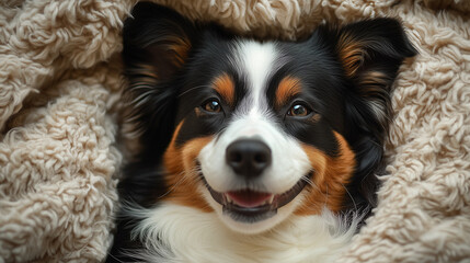Happy smiling dog lying on beige blanket, banner with copy space