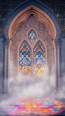 Obraz premium A colorful stained glass window illuminates a misty room, creating a serene atmosphere.