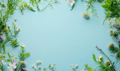 Fototapeta premium Flat lay of various wildflowers forming a frame on a light blue background, leaving a central space for text or design.