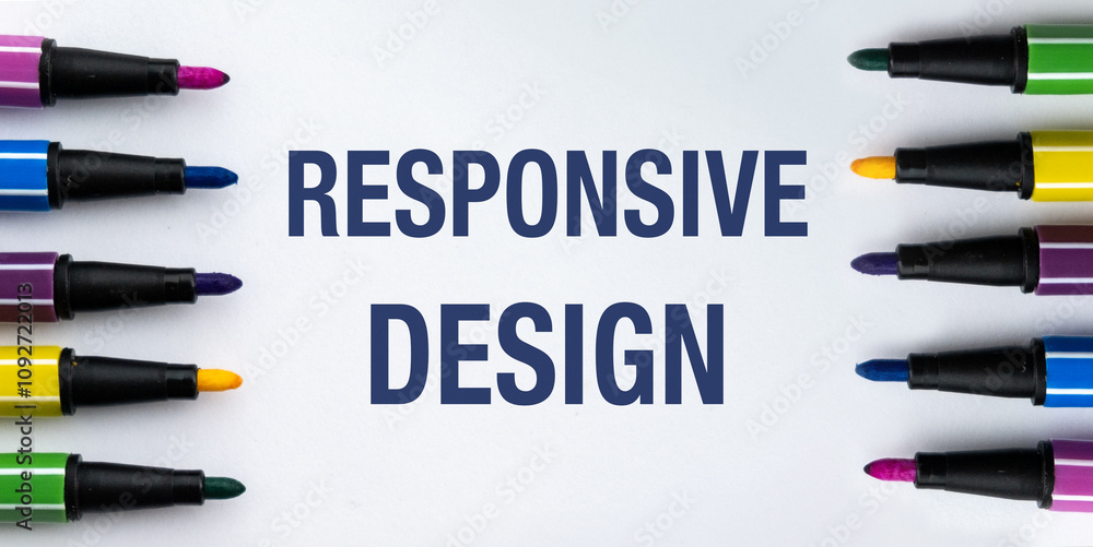 Aufkleber responsive design text on white desk with multi colored markers