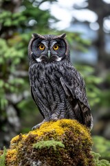 An impressive owl stands majestically on a moss-covered rock in a dense forest, surrounded by vibrant greenery during the daylight hours