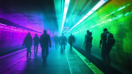 Neon-Lit Futuristic Tunnel with Silhouetted Commuters