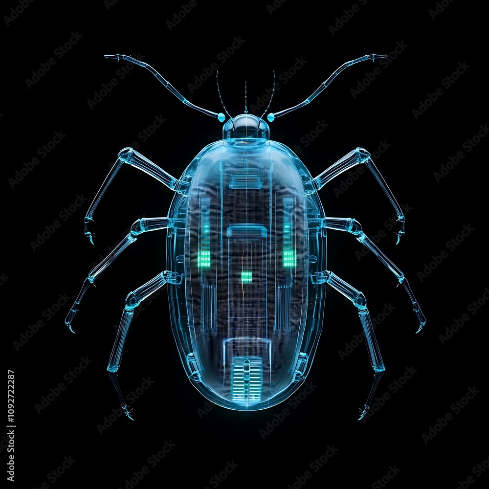 Poster futuristic digital render of an insect with transparent body and neon glow, showcasing intricate bod