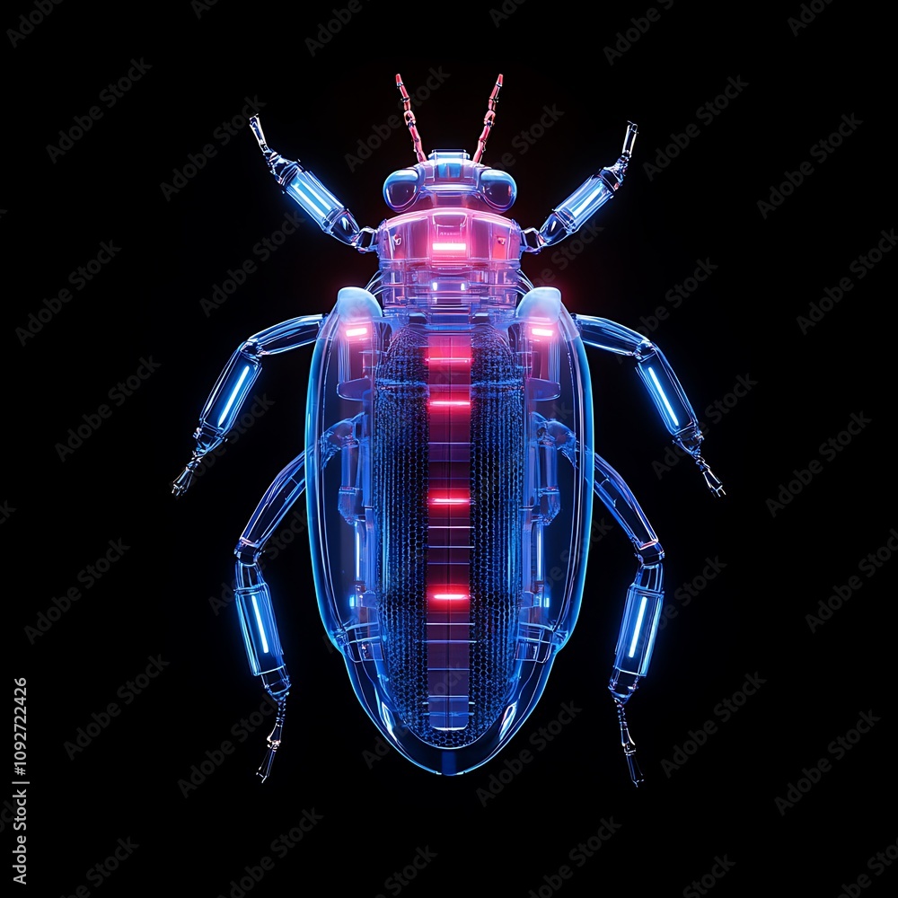 Poster futuristic digital representation of a beetle with neon glow and geometric design, showcasing intric