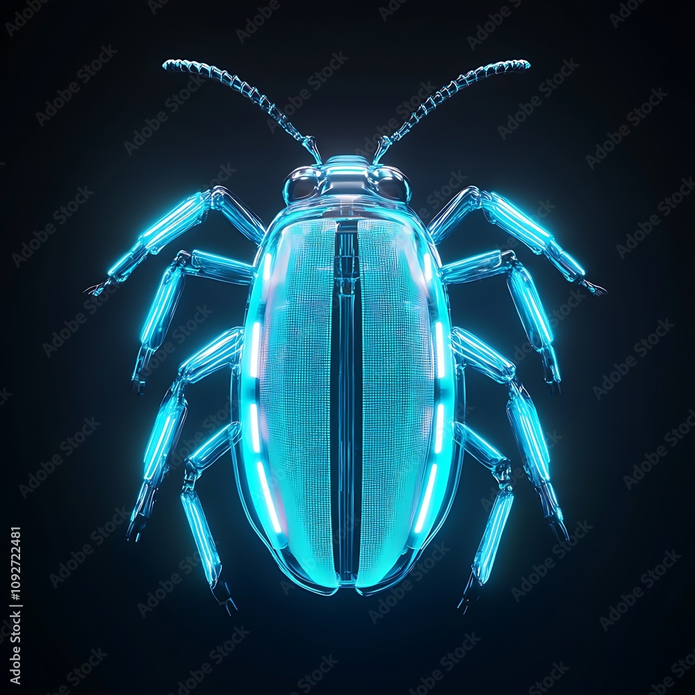 Poster futuristic digital representation of a glossy beetle with neon effects and technological elements ag