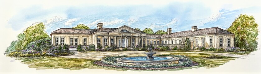 Naklejka premium A watercolor illustration of an elegant mansion with a fountain and landscaped gardens.
