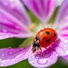 Fototapeta premium Macro of a ladybug crawling on a wet petal, focusing on the raindrops and insect.