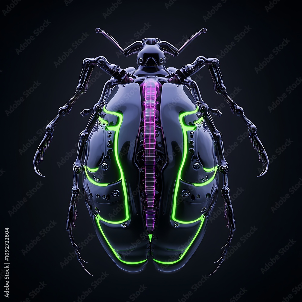 Poster futuristic glowing insect design with neon elements, bioluminescent features, and intricate patterns