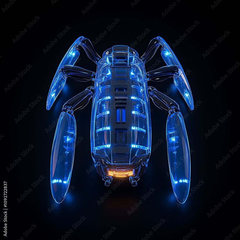 Poster futuristic glowing insect robot design in high-tech style, showcasing advanced mechanics with blue n