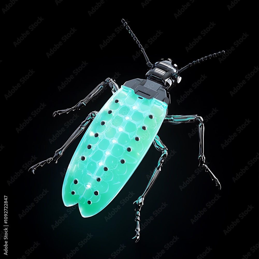 Poster futuristic glowing insect with neon bio-luminescence and transparent exoskeleton in a stunning digit