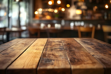 Rustic Wooden Table in Cozy Cafe Setting