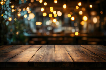 Empty Rustic Table with Warm Bokeh Lights