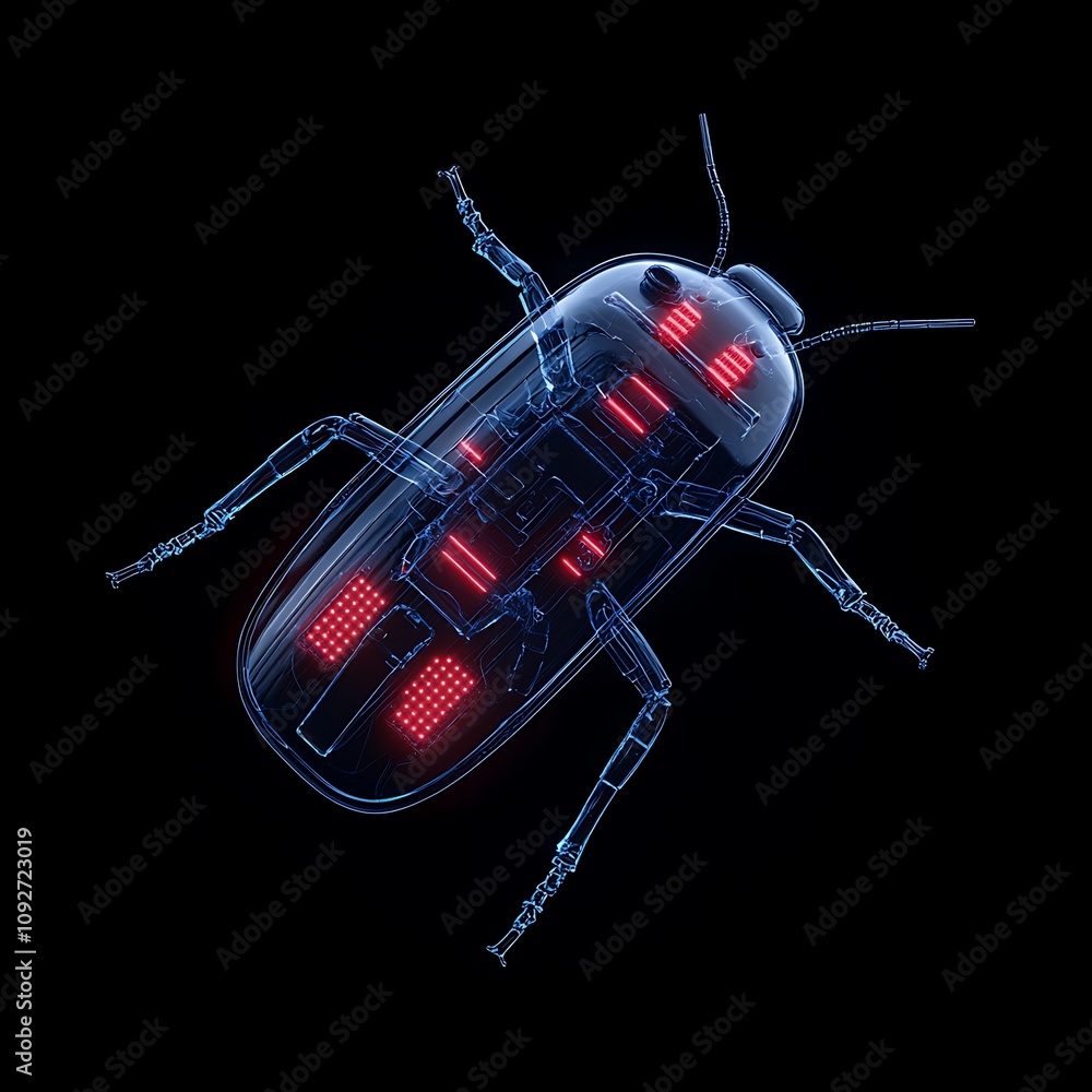 Poster futuristic illustration of a luminescent insect with glowing patterns on a dark background, showcasi