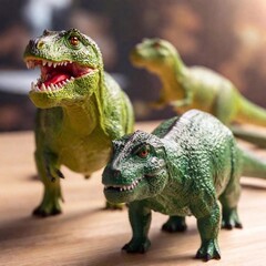 Obraz premium dinosaur toys set, with the face of a tiny T-rex in sharp detail and the other dinosaurs softly blurred, creating a sense of depth.