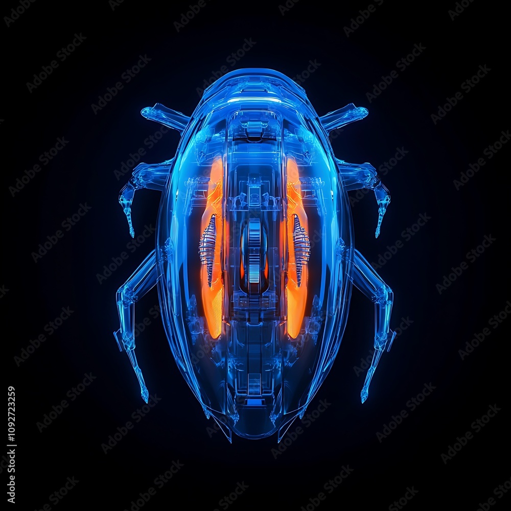 Poster futuristic insect design with glowing elements in blue and orange, showcasing intricate details of a