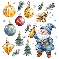 Watercolor Christmas Gnome with Ornaments, Pine Branches, and Christmas Trees.