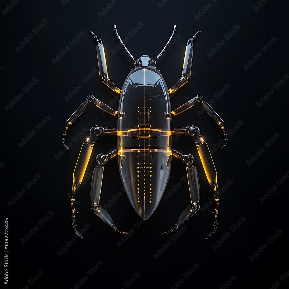Poster futuristic insect illustration featuring a high-tech, transparent design with illuminated elements c