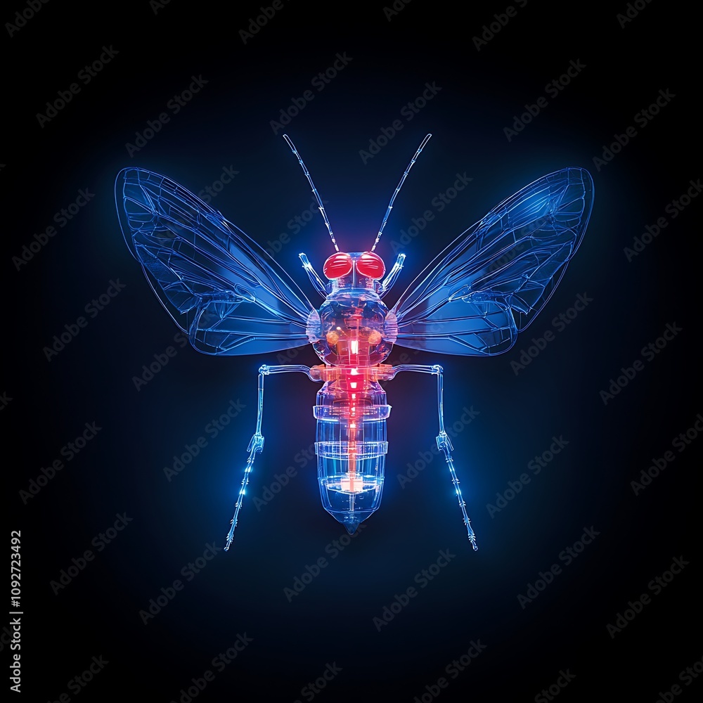 Poster Futuristic Insect Representation in Neon Colors with High-Tech Aesthetic Showcasing Complex Structure of an Insect Against a Dark Background