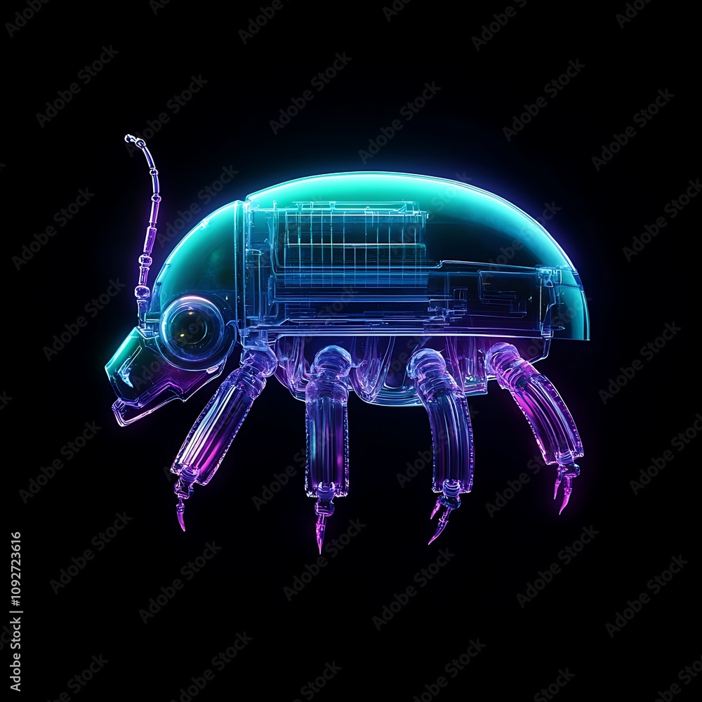Poster futuristic insect robot with neon lights and complex circuitry design, showcasing a blend of nature 