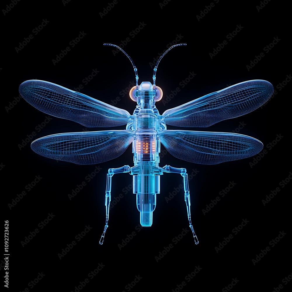 Poster futuristic insect robot with transparent wings, high-detail render showcasing advanced technology in