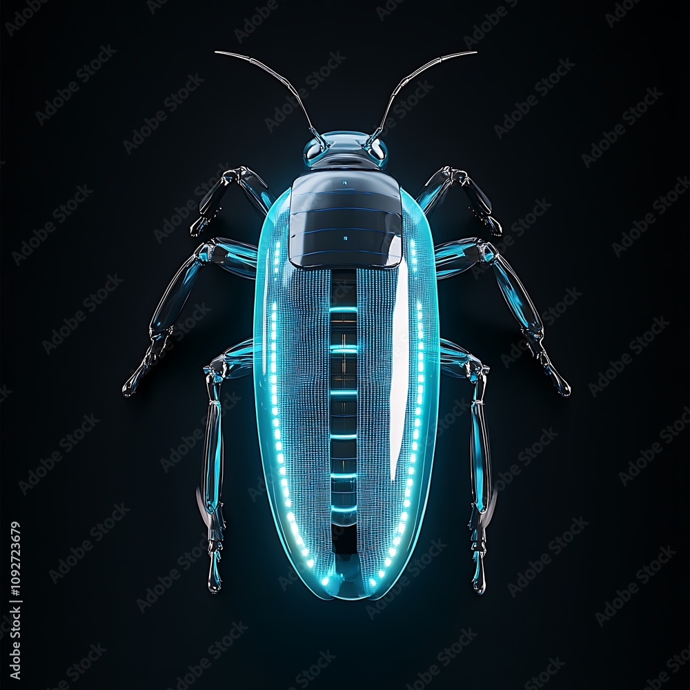 Poster futuristic insect with neon glow and digital patterns on dark background showcasing modern technolog