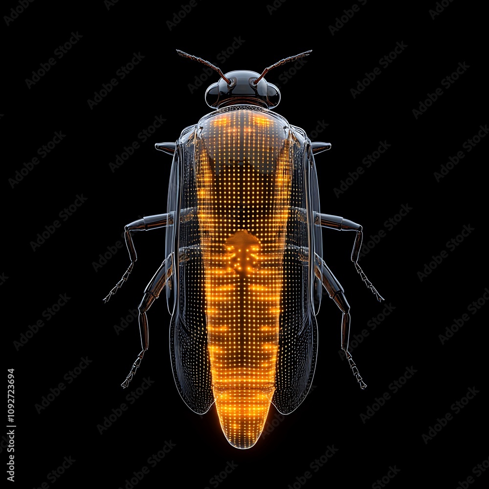 Poster futuristic insect with bioluminescent patterns in a digital art style, showcasing the intricacies of