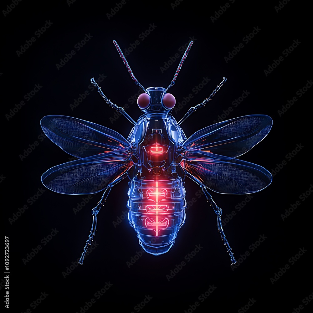 Poster futuristic insect with glowing features and high-tech design showcasing the intersection of nature a