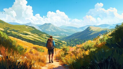 Fototapeta premium A backpacker hiking through a scenic nature trail, with breathtaking views of a valley, rolling hills, and a clear blue sky above