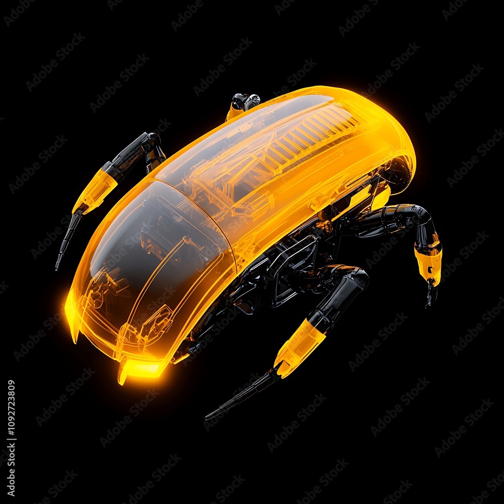 Poster futuristic insectoid robot in vibrant orange design showcasing advanced technology and innovative en