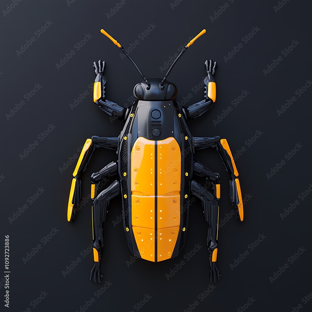 Poster futuristic mechanical insect design featuring a robotic beetle with bold orange and black color sche