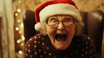 Joyous elderly woman in a festive holiday setting, wearing a bright red Santa hat, expressing excitement and cheer with a delighted scream during Christmas celebrations.