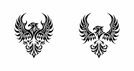 A set of a silhouette eagle tribal tattoo On white background. A eagle bird with its wings spread.