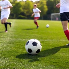 Fototapeta premium Soccer ball passes by senior player legs, deep focus showing field and teammates in background.