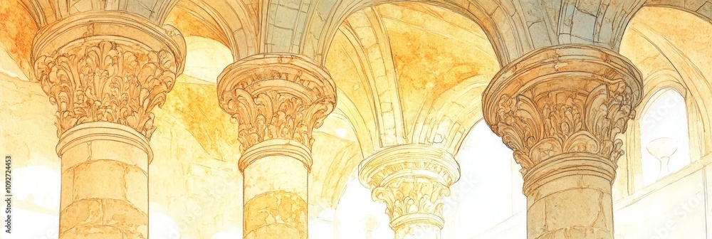 Poster a serene depiction of ancient columns in a softly lit architectural space.