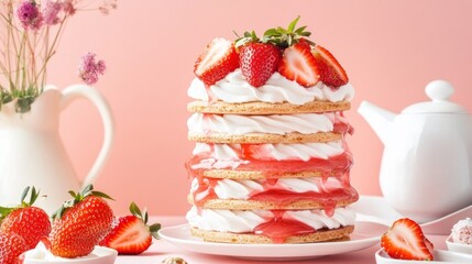 A stack of wafers layered with strawberry cheesecake filling, decorated with fresh strawberries