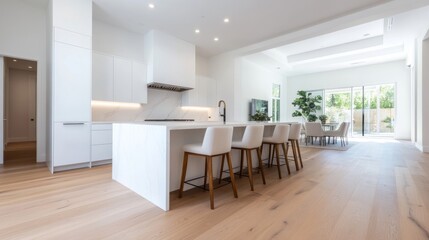 Fototapeta premium Modern Minimalist Kitchen with White Cabinets, Sleek Island, and Natural Light in Open Concept Design Featuring Stylish Furniture and Wood Floors