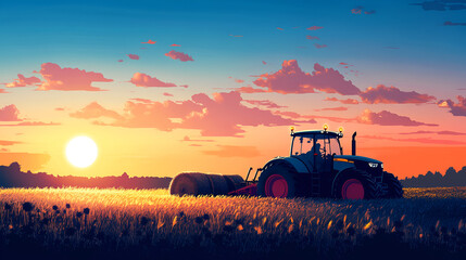 Fototapeta premium Farmer on tractor collecting grass into bales after mowing, blue sky with clouds at sunset, ai generative