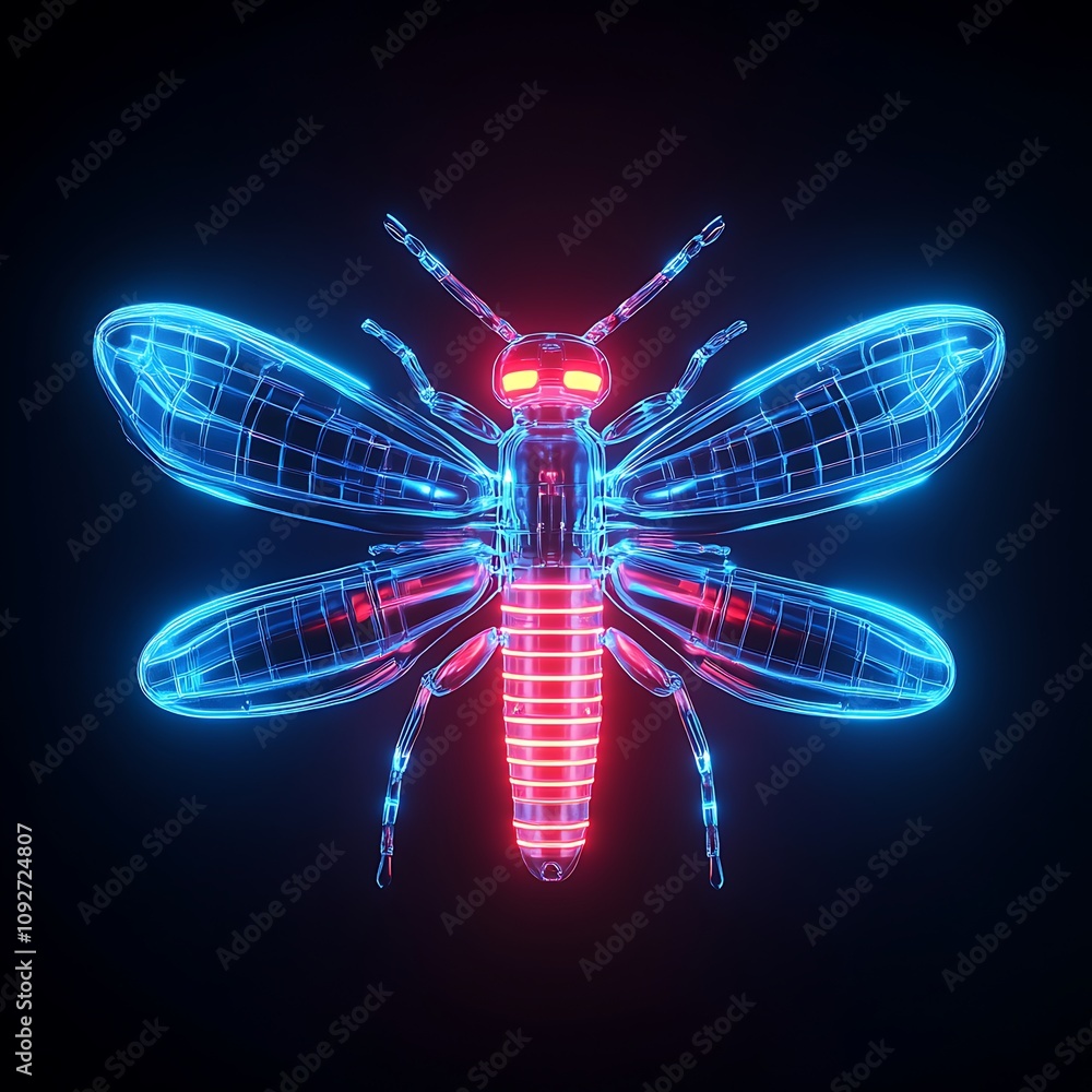 Poster futuristic neon-style insect representation featuring a wireframe design and glowing elements, perfe