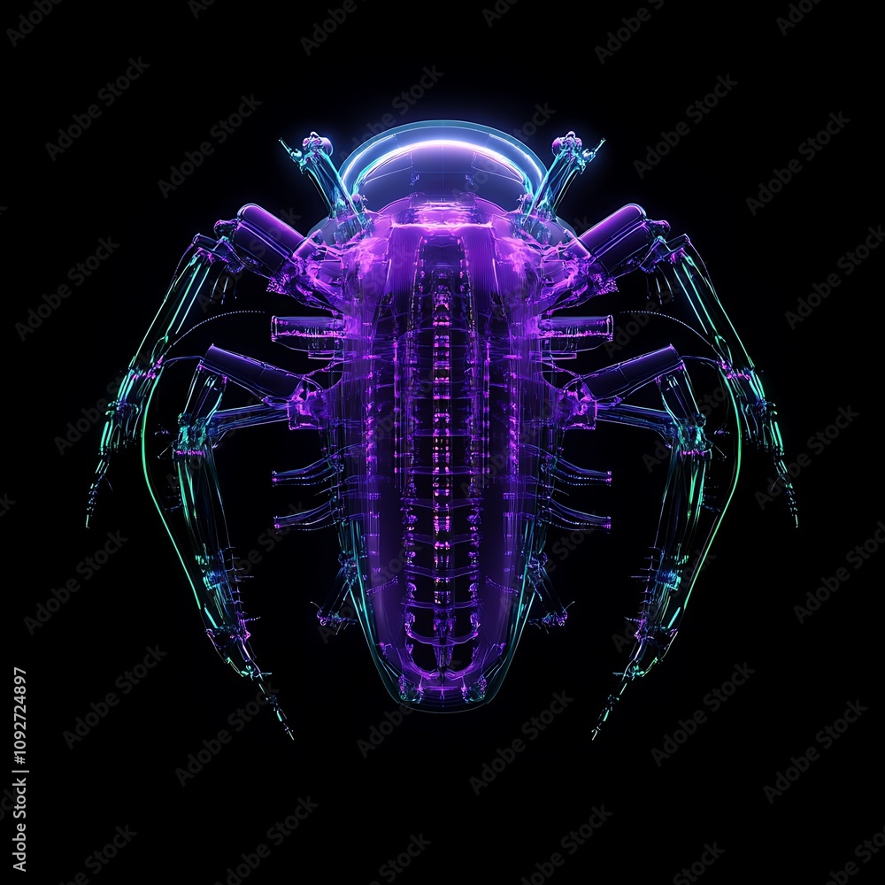 Poster futuristic representation of a beetle with neon colors in a dark background, showcasing intricate de